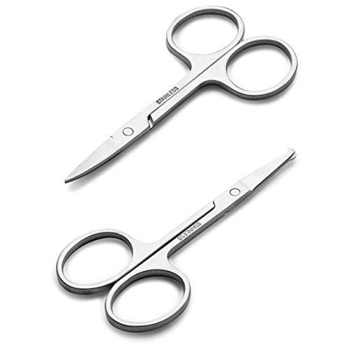 31icrNIuQ3L.jpg Facial Hair Small Grooming Scissors For Men Women - Eyebrow. Nose Hair. Mustache. Beard. Eyelashes. Ear Trimming Kit - Curved and Rounded Safety Tip Clippers For Hair Cutting - 2PCS Silver