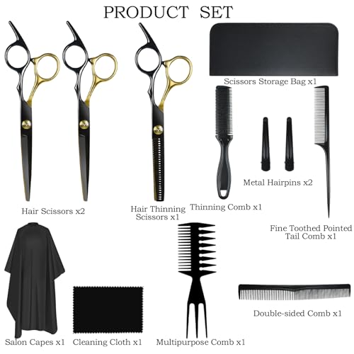 Niura 12 PCS Hair Cutting Scissors Set - Professional Barbers & Salon Kit: Cutting & Thinning Scissors. Comb. Cape. Clips for Men. Women. Kids & Pet