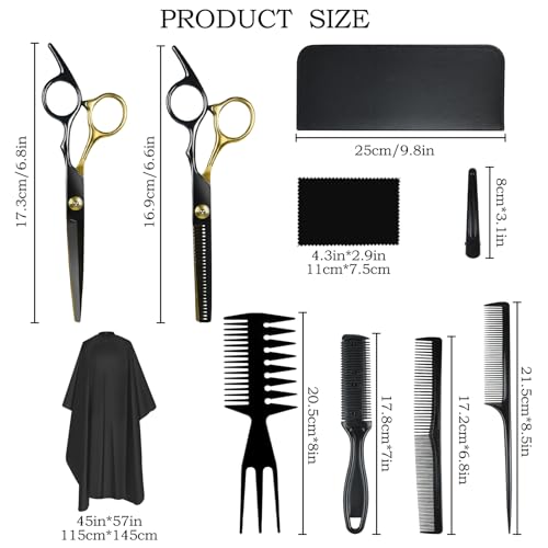 Niura 12 PCS Hair Cutting Scissors Set - Professional Barbers & Salon Kit: Cutting & Thinning Scissors. Comb. Cape. Clips for Men. Women. Kids & Pet