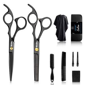 Sirabe 10 PCS Hair Cutting Scissors Set. Professional Haircut Scissors Kit with Cutting Scissors. Thinning Shears. Comb. Cape. Clips. Black Hairdressing Texturizing Shears Set for Barber. Salon. Home