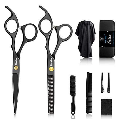 Version 1.0.0 Sirabe 10 PCS Hair Cutting Scissors Set. Professional Haircut Scissors Kit with Cutting Scissors. Thinning Shears. Comb. Cape. Clips. Black Hairdressing Texturizing Shears Set for Barber. Salon. Home