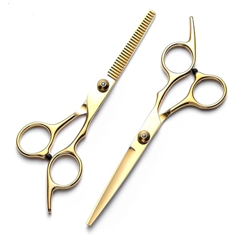 11PCS Hair Cutting Scissors Kit. Professional Haircut Scissors with Stainless Steel Hair Shears. Thinning Shears. Haircut Accessories in Leather Case for Salon/Home (Gold)