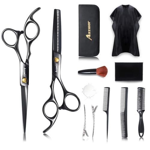Hair Cutting Scissors Set by Aszwor Hairdressing Shears Kit 12 PCS Professional Haircut Scissors Kit with Hair Cutting Scissors. Thinning Shears. Multi Use Haircut Kit for Home Salon Barber