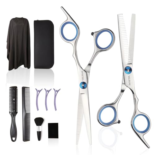 Haircut Scissors Kit. 11 Pcs Professional Set - Haircut. Thinning Scissors. Neck Duster Brush. Comb. Barber Cape. Hair Clips. Hairdressing Shears for Barber and Home