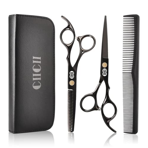 CIICII Hair Cutting Scissors Shears Kit. Professional Hairdressing Scissors Set (Hair Beard Trimming Shaping Grooming Thinning Shears) for Men Women Hairdresser Home Salon Barber Haircut Kit (Black)
