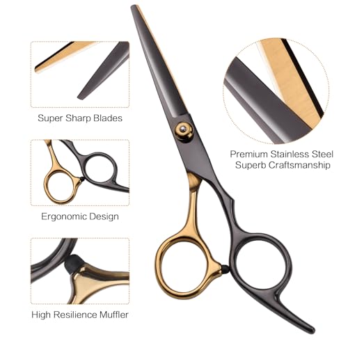 41IhgD8zr4L.jpg Hair Cutting Scissors Kit. Hair Scissors Professional Haircut Scissor with Stainless Steel Barber Shears. Thinning Shears. Haircut Accessories in Leather Case for Salon/Home- 10PCS Gold Black