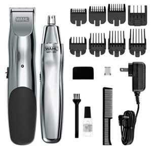 Wahl Groomsman Rechargeable Beard Trimmer kit for Mustaches. Nose Hair. and Light Detailing and Grooming with Bonus Wet/Dry Battery Nose Trimmer – Model 5622v