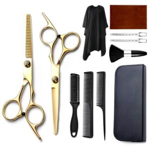 11PCS Hair Cutting Scissors Kit. Professional Haircut Scissors with Stainless Steel Hair Shears. Thinning Shears. Haircut Accessories in Leather Case for Salon/Home (Gold)