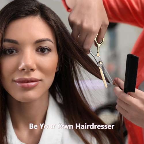 41UsidwbB7L.jpg Hair Cutting Scissors Kit. Hair Scissors Professional Haircut Scissor with Stainless Steel Barber Shears. Thinning Shears. Haircut Accessories in Leather Case for Salon/Home- 10PCS Gold Black