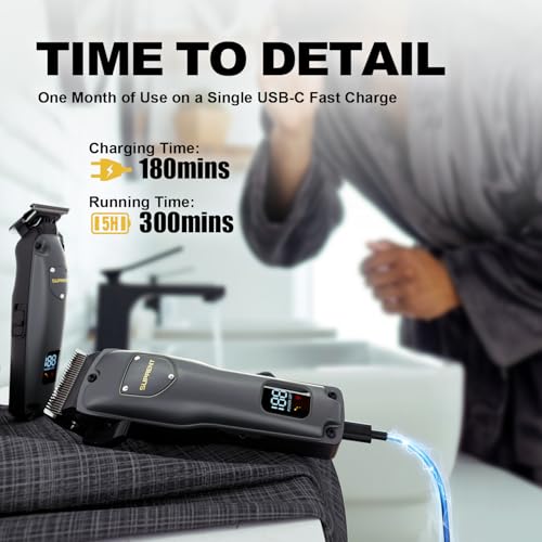 SUPRENT Hair Clippers for Men Professional. USB-C Rechargeable Cordless Clippers for Hair Cutting. Mens Hair Clippers and Trimmer Kit for Barber with LED Display for Barbers & Home Use