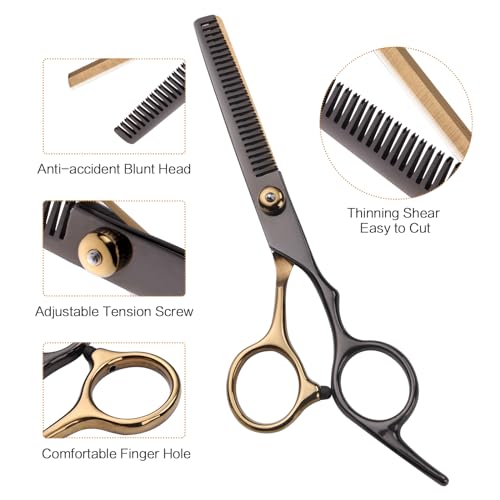 41cHCrOUizL.jpg Hair Cutting Scissors Kit. Hair Scissors Professional Haircut Scissor with Stainless Steel Barber Shears. Thinning Shears. Haircut Accessories in Leather Case for Salon/Home- 10PCS Gold Black