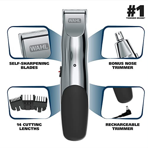 Wahl Groomsman Rechargeable Beard Trimmer kit for Mustaches. Nose Hair. and Light Detailing and Grooming with Bonus Wet/Dry Battery Nose Trimmer – Model 5622v
