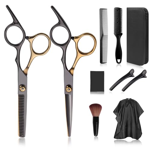 41kxGQqdHDL.jpg Hair Cutting Scissors Kit. Hair Scissors Professional Haircut Scissor with Stainless Steel Barber Shears. Thinning Shears. Haircut Accessories in Leather Case for Salon/Home- 10PCS Gold Black