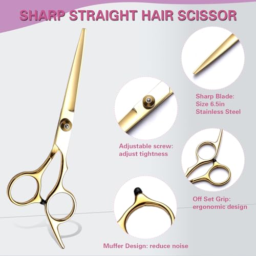 11PCS Hair Cutting Scissors Kit. Professional Haircut Scissors with Stainless Steel Hair Shears. Thinning Shears. Haircut Accessories in Leather Case for Salon/Home (Gold)