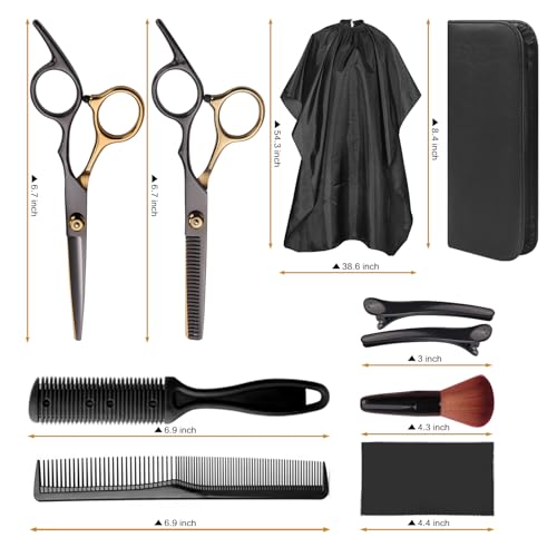 41phnFKUTdL.jpg Hair Cutting Scissors Kit. Hair Scissors Professional Haircut Scissor with Stainless Steel Barber Shears. Thinning Shears. Haircut Accessories in Leather Case for Salon/Home- 10PCS Gold Black