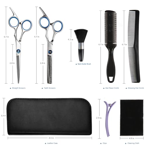 Haircut Scissors Kit. 11 Pcs Professional Set - Haircut. Thinning Scissors. Neck Duster Brush. Comb. Barber Cape. Hair Clips. Hairdressing Shears for Barber and Home