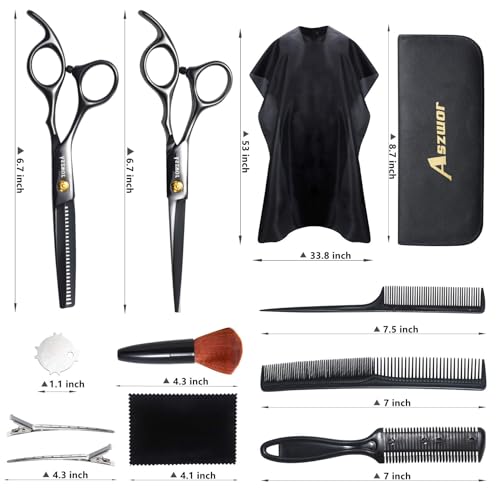 Hair Cutting Scissors Set by Aszwor Hairdressing Shears Kit 12 PCS Professional Haircut Scissors Kit with Hair Cutting Scissors. Thinning Shears. Multi Use Haircut Kit for Home Salon Barber