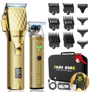 FADEKING® Professional Hair Clippers for Men - Cordless Hair Clippers. LCD Display Barber Clippers for Hair Cutting & Mens Grooming with Travel Case (Gold+Bronze)