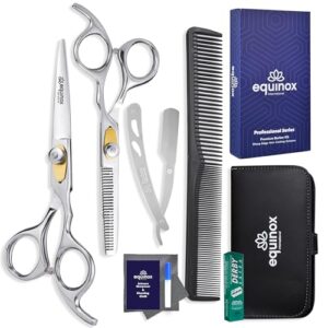 Equinox Professional Hair Scissors Set - Premium Barber Kit. Includes Hair Cutting Scissors. Thinning Shears. Straight Razor. Basic Comb. Cleaning Cloth. Oil & Sandpaper - Hair Salon & Barber Supplies