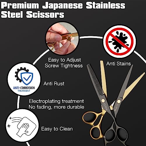 Professional Hair Cutting Scissors Set - Stainless Steel Barber Scissors & Thinning Shears. Black Salon & Home Hairdressing Tools