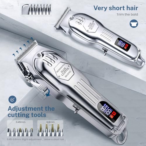 KIKIDO Hair Clippers Professional Cordless for Men. Barber Clippers for Hair Cutting Kit. Wireless LCD Display Hair Trimmers Set. Rechargeable Haircut Machine for Family (Sliver)