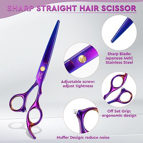 51T-F-qLA6L.jpg JASON Hair Scissors Professional - 10 PCS Haircut Scissors Set. Thinning Shears for Hair Cutting with 30 Teeth. Straight Shears for Men Women Home Salon Barber (6.7. Purple)