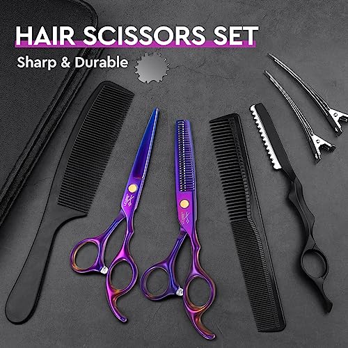 51VGYBj03oL.jpg JASON Hair Scissors Professional - 10 PCS Haircut Scissors Set. Thinning Shears for Hair Cutting with 30 Teeth. Straight Shears for Men Women Home Salon Barber (6.7. Purple)