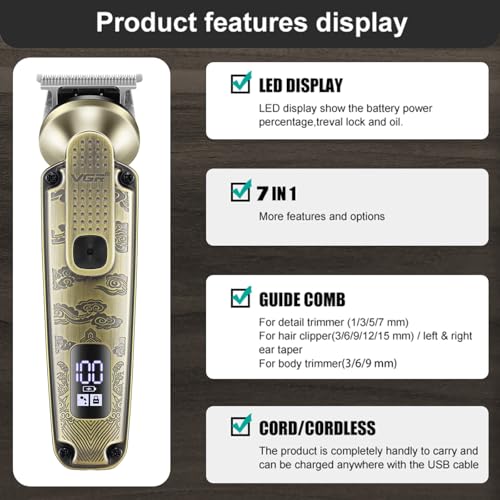 VGR 095 Beard Trimmer for Men. 7 in 1 Waterproof Cordless Hair Clippers and Trimmers Set. Electric Razor Shavers T-Blade Hair Trimmer Grooming Kit for Nose Body Ear Face Mustache. V-103