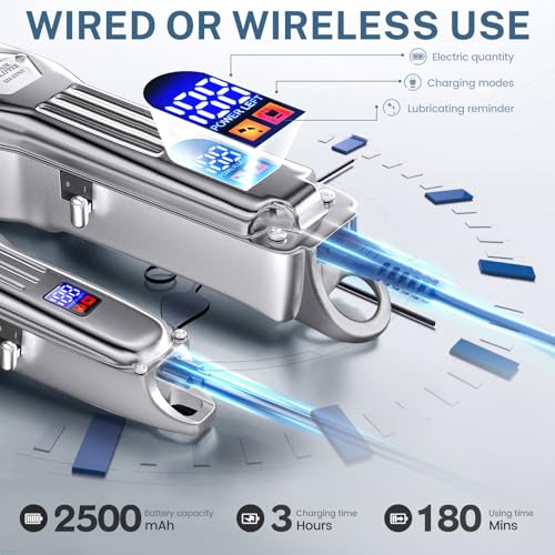 KIKIDO Hair Clippers Professional Cordless for Men. Barber Clippers for Hair Cutting Kit. Wireless LCD Display Hair Trimmers Set. Rechargeable Haircut Machine for Family (Sliver)