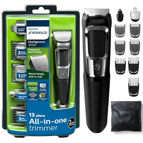 Norelco Philips Multigroomer All-in-One Trimmer Series 3000. 13 Piece Mens Grooming Kit. for Beard. Face. Nose. and Ear Hair Trimmer and Hair Clipper. NO Blade Oil Needed. MG3750/60