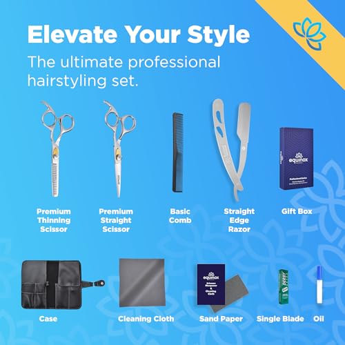 51eKWOdpEWL.jpg Equinox Professional Hair Scissors Set - Premium Barber Kit. Includes Hair Cutting Scissors. Thinning Shears. Straight Razor. Basic Comb. Cleaning Cloth. Oil & Sandpaper - Hair Salon & Barber Supplies