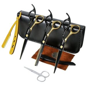 Professional Hair Cutting Scissors Set - Stainless Steel Barber Scissors & Thinning Shears. Black Salon & Home Hairdressing Tools