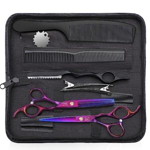 JASON Hair Scissors Professional - 10 PCS Haircut Scissors Set. Thinning Shears for Hair Cutting with 30 Teeth. Straight Shears for Men Women Home Salon Barber (6.7. Purple)