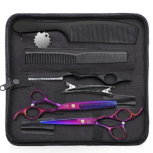 61IxXgYwEML.jpg JASON Hair Scissors Professional - 10 PCS Haircut Scissors Set. Thinning Shears for Hair Cutting with 30 Teeth. Straight Shears for Men Women Home Salon Barber (6.7. Purple)